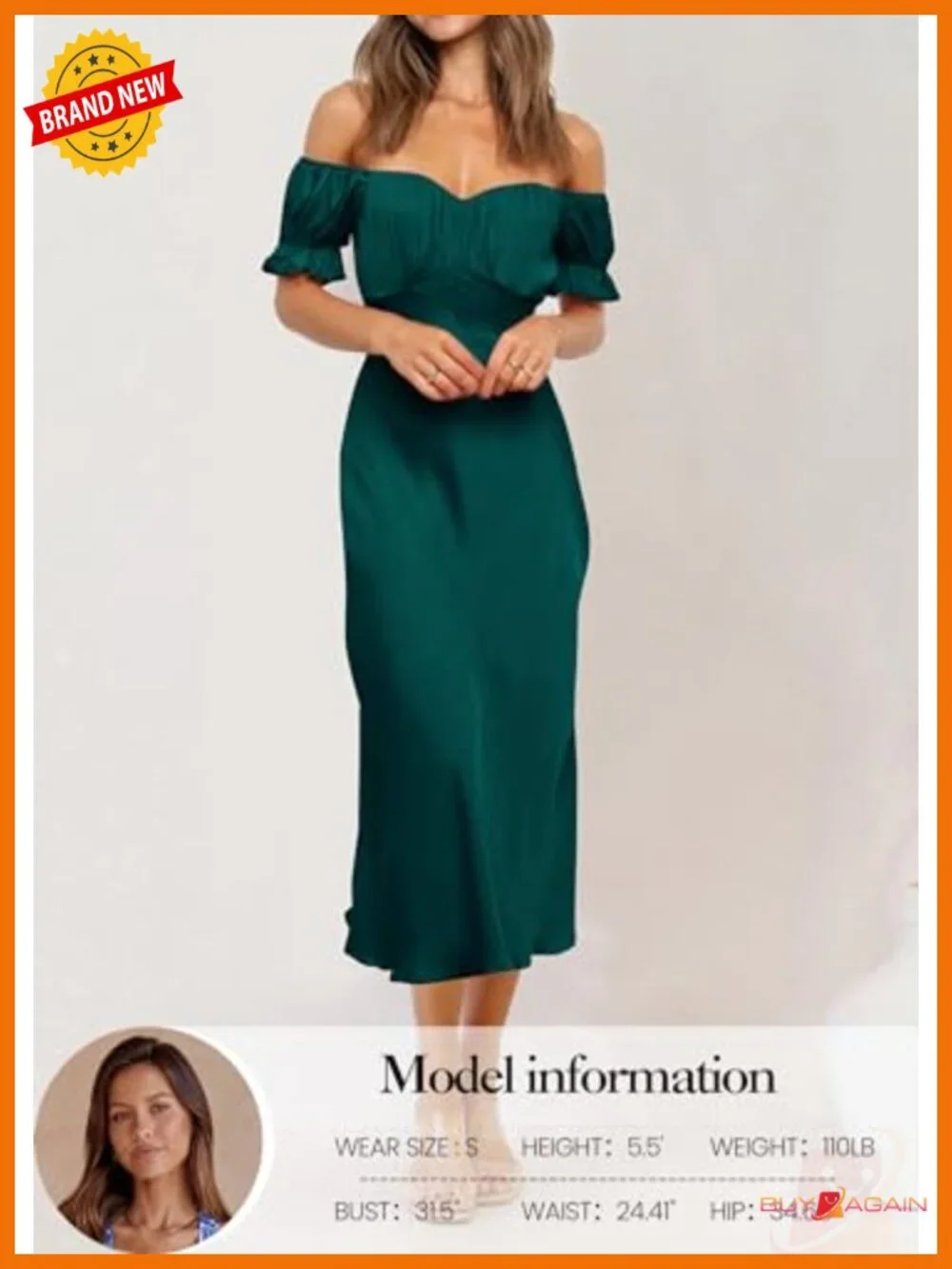 Satin Off Shoulder Midi Dress Bubble Sleeve Wedding Guest Cocktail